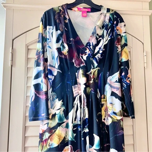 Women’s Size Large Catherine Malandrino Dark Floral Pleated Midi Dress - Picture 3 of 12